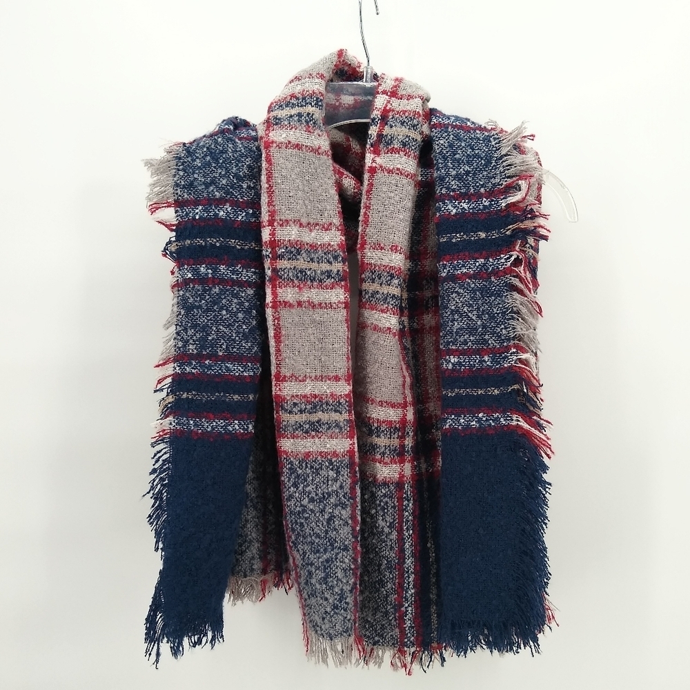 Fluffy Square Navy/Red/Beige Fringed Scarf Wrap